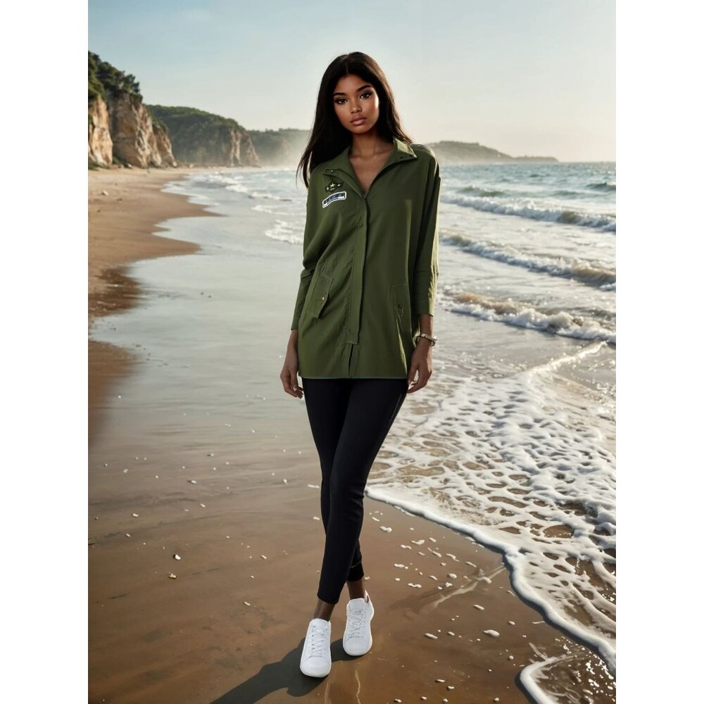 Hayden Army Green Boho Relaxed‎ Bomber Longline Jacket Patches Tiger Graphic S